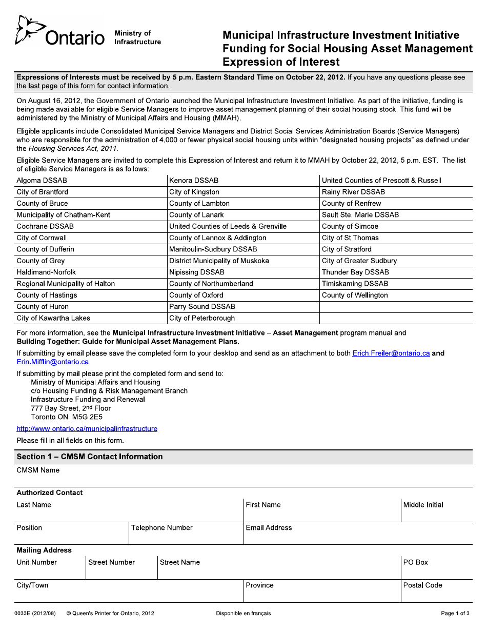 Form 0033E Municipal Infrastructure Investment Initiative, Funding for Social Housing Asset Management, Expression of Interest - Ontario, Canada, Page 1