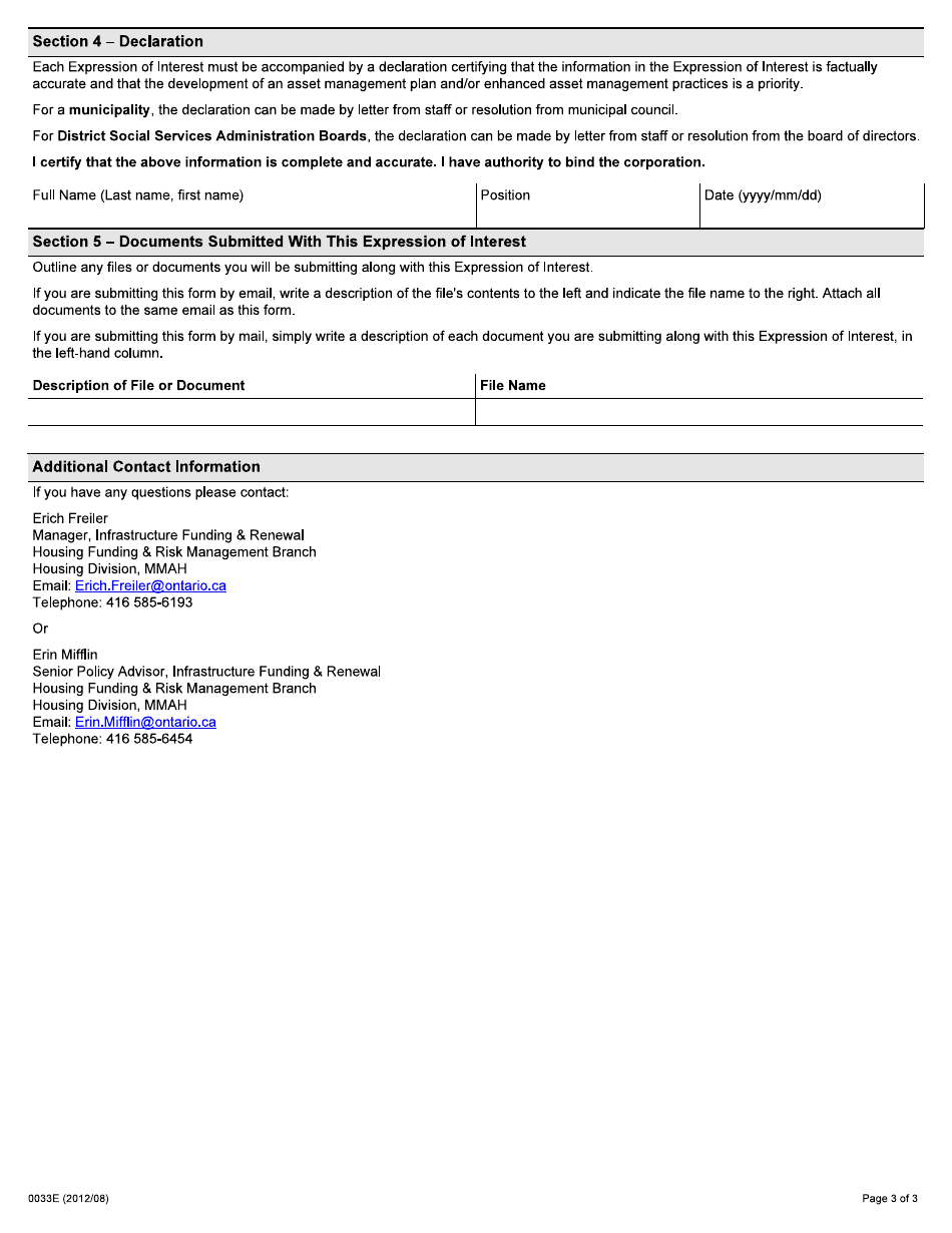 Form 0033E Municipal Infrastructure Investment Initiative, Funding for Social Housing Asset Management, Expression of Interest - Ontario, Canada, Page 3