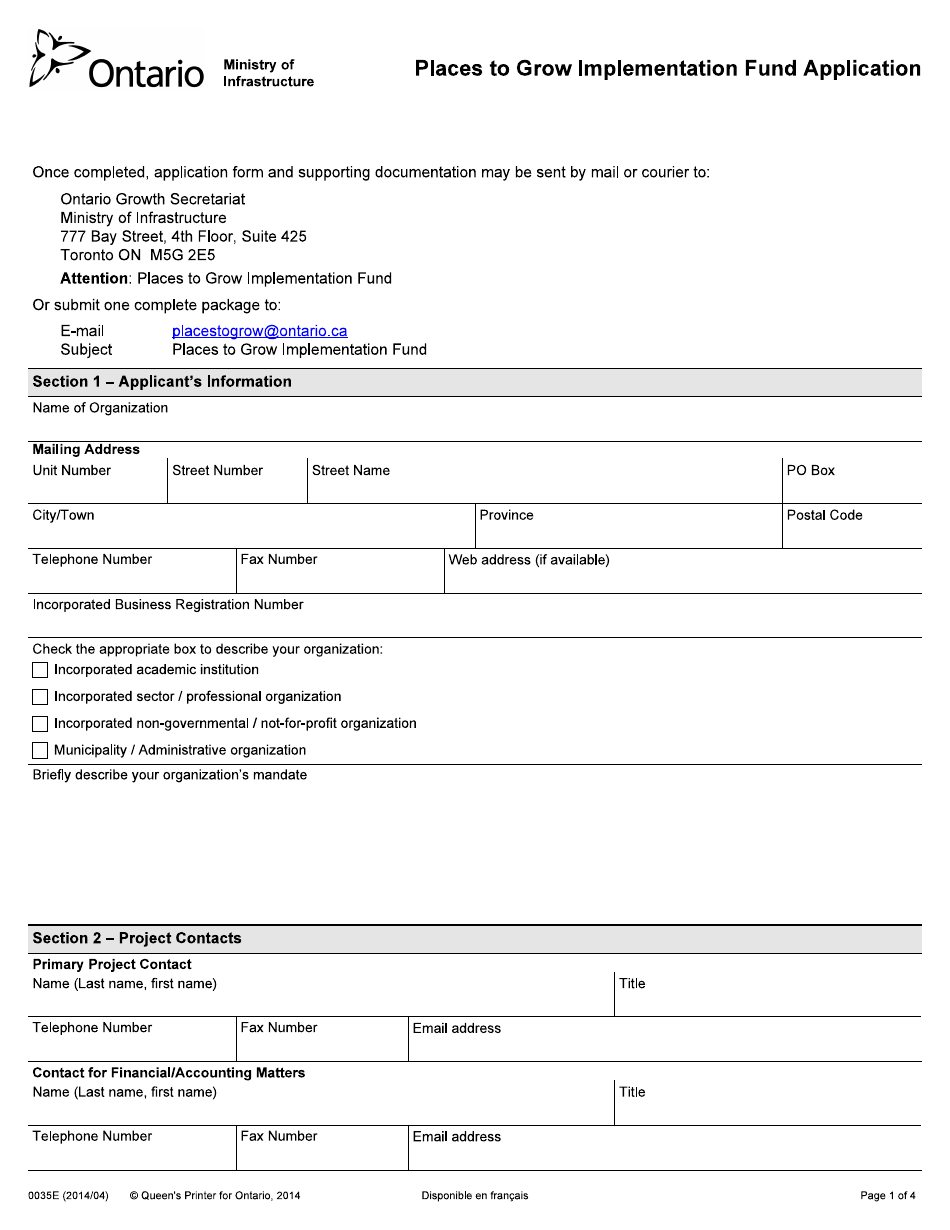 Form 0035E Places to Grow Implementation Fund Application - Ontario, Canada, Page 1
