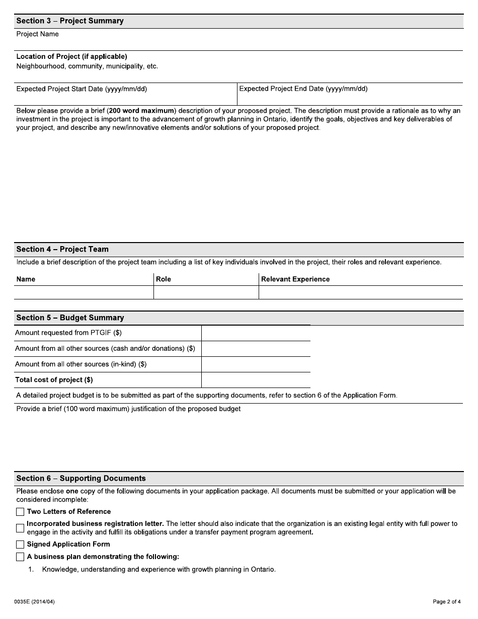 Form 0035E Places to Grow Implementation Fund Application - Ontario, Canada, Page 2