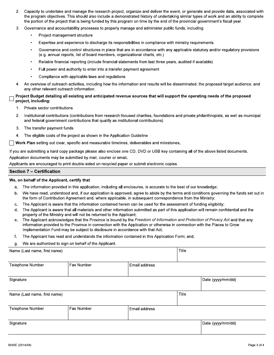 Form 0035E Places to Grow Implementation Fund Application - Ontario, Canada, Page 3