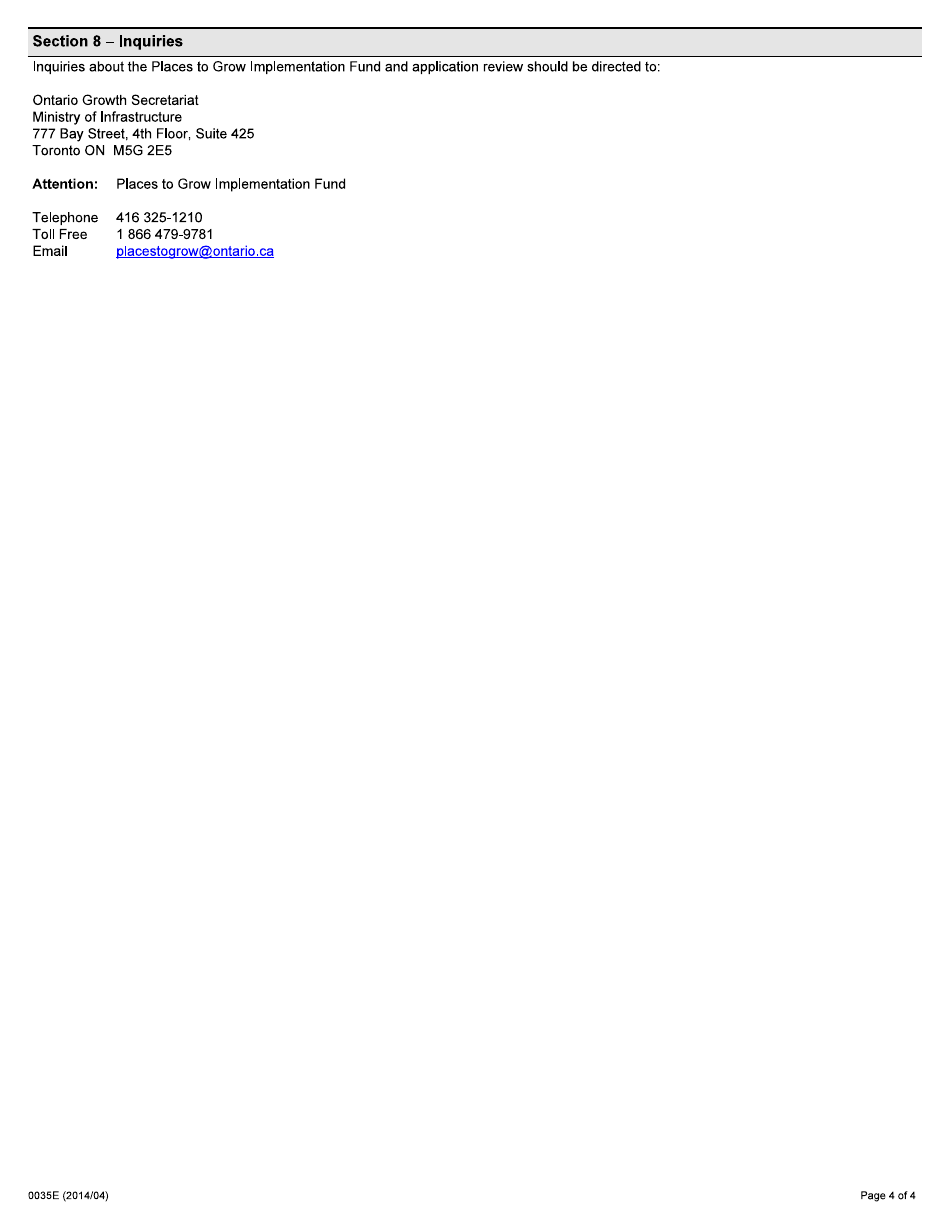 Form 0035E Places to Grow Implementation Fund Application - Ontario, Canada, Page 4