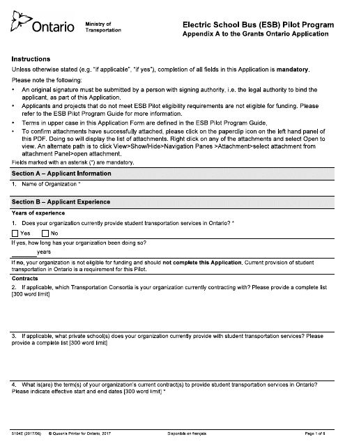 Form 5104E Appendix A Grants Ontario Application - Ontario, Canada
