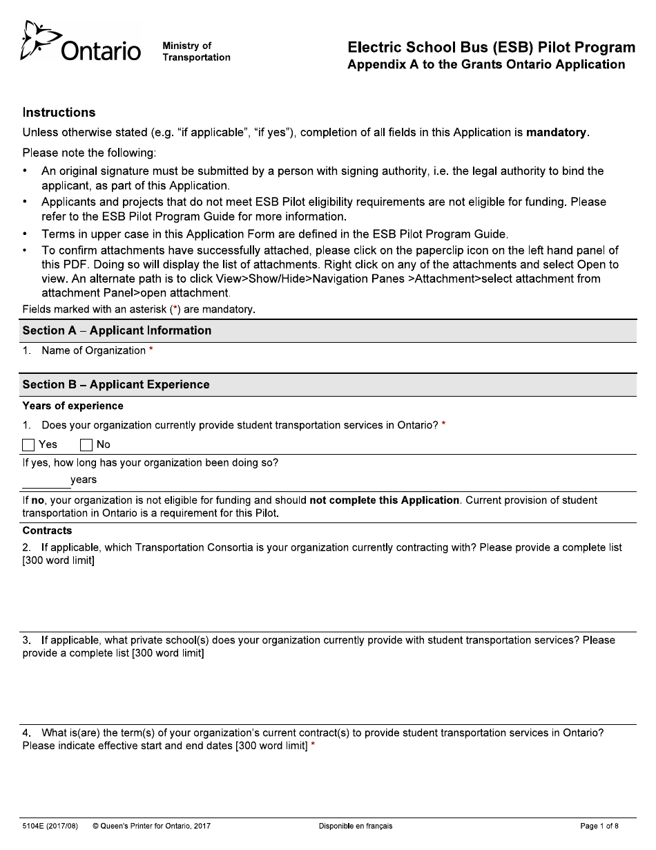 Form 5104E Appendix A Grants Ontario Application - Ontario, Canada, Page 1