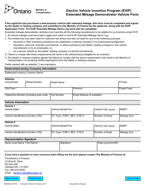 Form 05045E Extended Mileage Demonstrator Vehicle Application - Ontario, Canada
