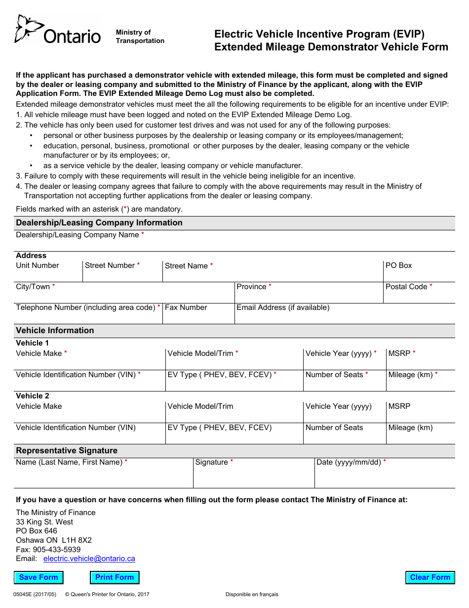 Form 05045E Extended Mileage Demonstrator Vehicle Application - Ontario, Canada, Page 1
