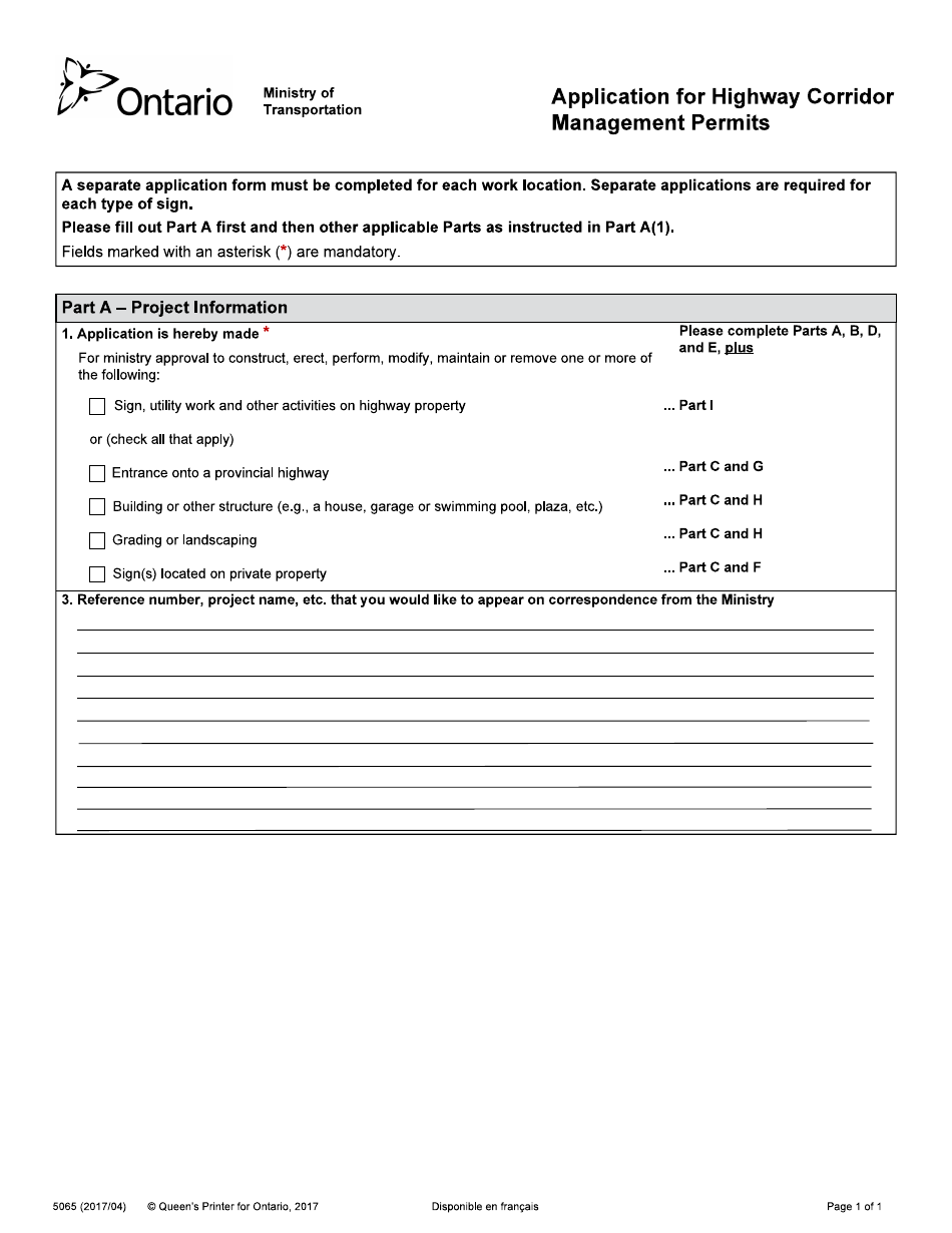 Form 5065 Application for Highway Corridor Management Permits - Ontario, Canada, Page 1