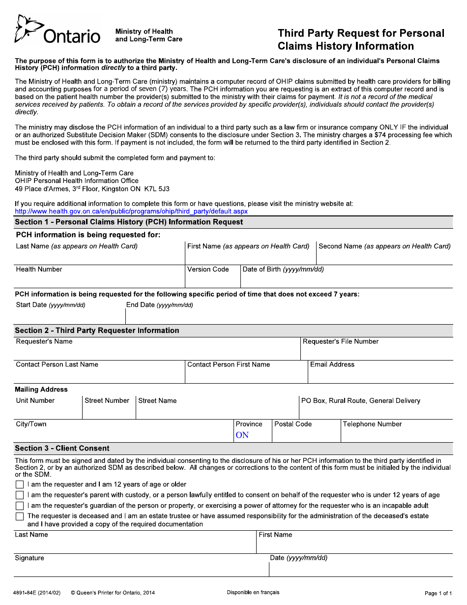 Form 4891-84E Third Party Request for Personal Claims History Information - Ontario, Canada, Page 1