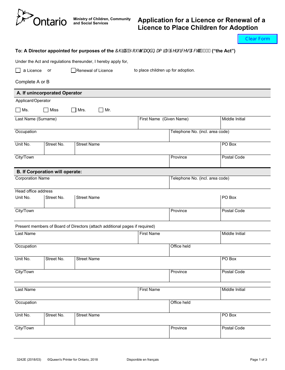 Form 3242E Application for a Licence or Renewal of a Licence to Place Children for Adoption - Ontario, Canada, Page 1