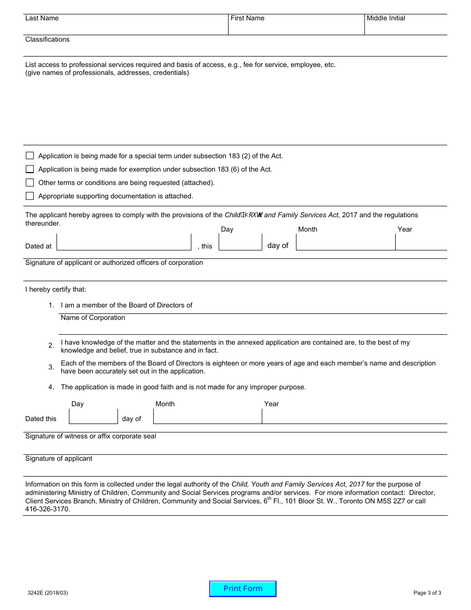 Form 3242E Application for a Licence or Renewal of a Licence to Place Children for Adoption - Ontario, Canada, Page 3