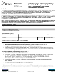 Form 0169E &quot;Addendum to Sworn Statement When Claiming a Retail Sales Tax Exemption on the Transfer of a Motor Vehicle Between Corporations or Corporation and Shareholder&quot; - Ontario, Canada