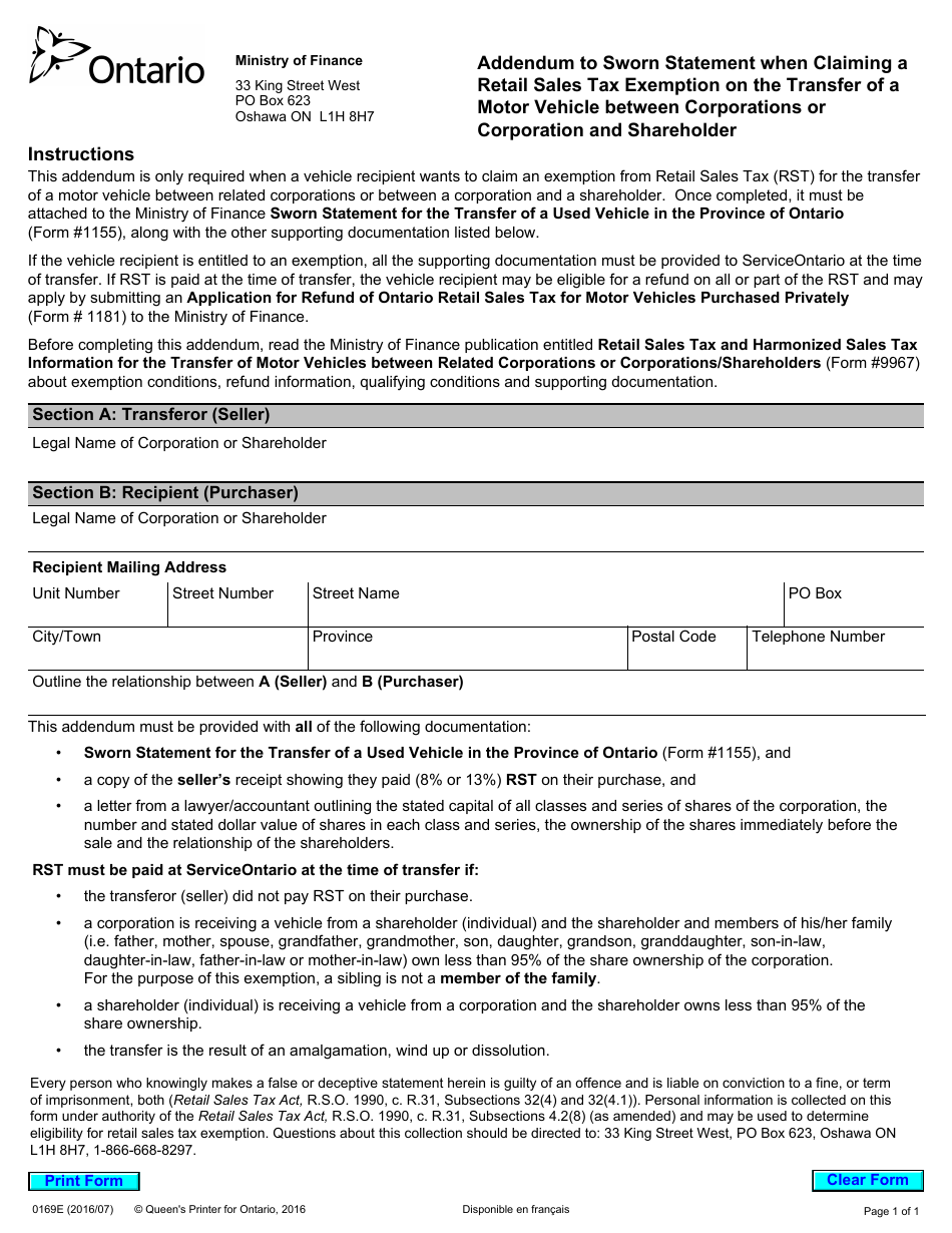 Form 0169E Addendum to Sworn Statement When Claiming a Retail Sales Tax Exemption on the Transfer of a Motor Vehicle Between Corporations or Corporation and Shareholder - Ontario, Canada, Page 1