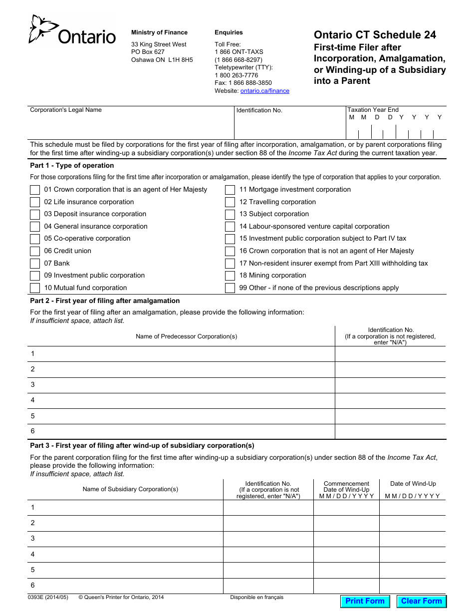 Form 0393E Schedule 24 First-Time Filer After Incorporation, Amalgamation, or Winding-Up of a Subsidiary Into a Parent - Ontario, Canada, Page 1