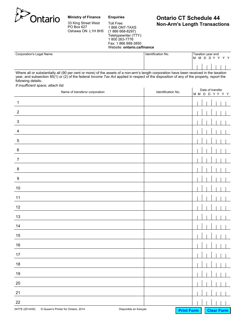 Form 0477E Schedule 44 Non-arms Length Transactions - Ontario, Canada, Page 1