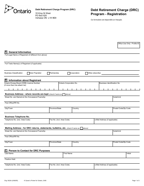 Form 1822 Registration Form - Debt Retirement Charge - Ontario, Canada