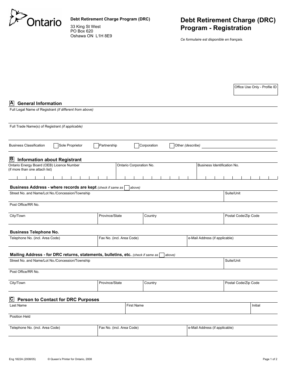 Form 1822 Download Fillable Pdf Or Fill Online Registration Form Debt Retirement Charge Ontario Canada Templateroller