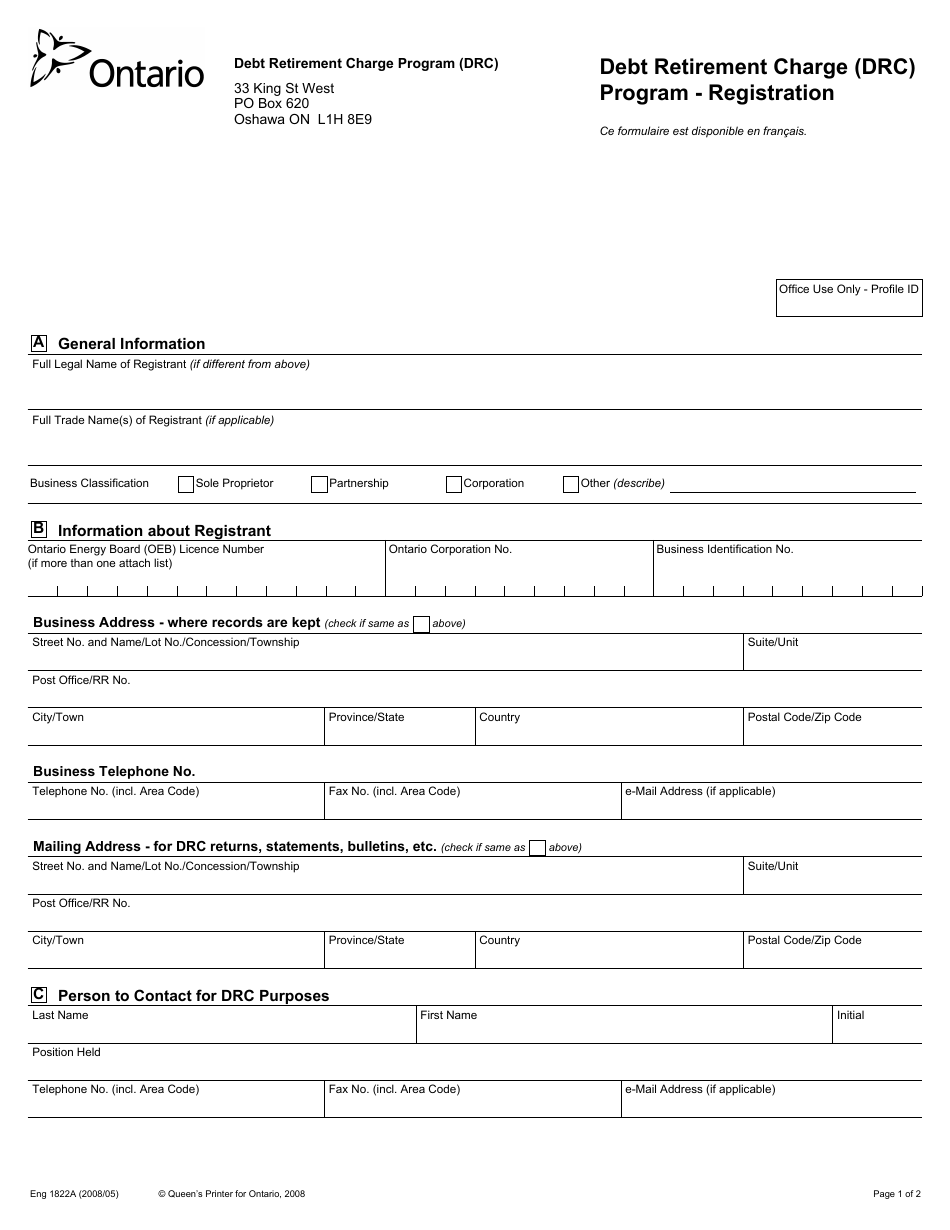 Form 1822 Registration Form - Debt Retirement Charge - Ontario, Canada, Page 1