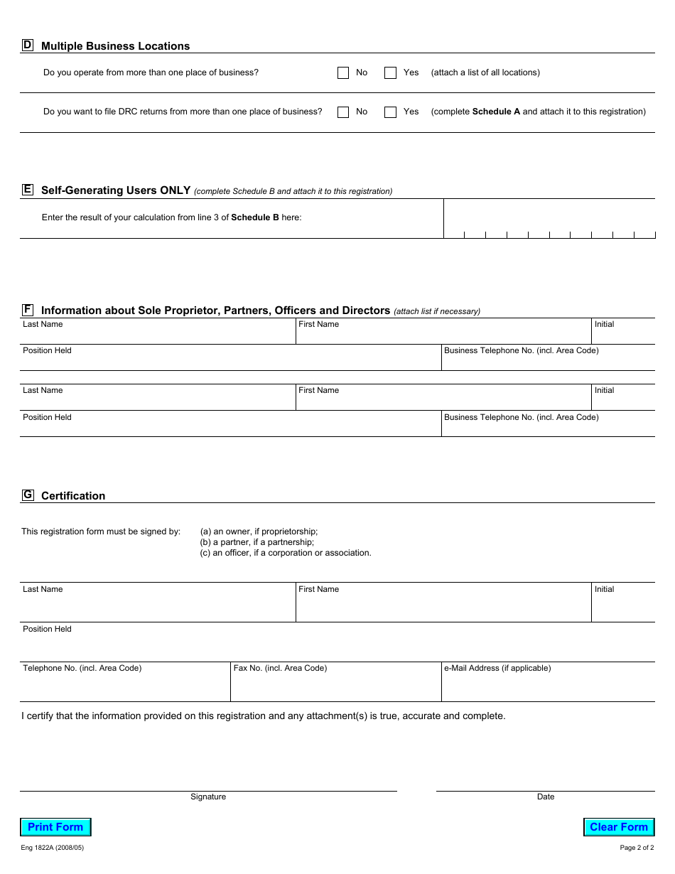 Form 1822 Registration Form - Debt Retirement Charge - Ontario, Canada, Page 2