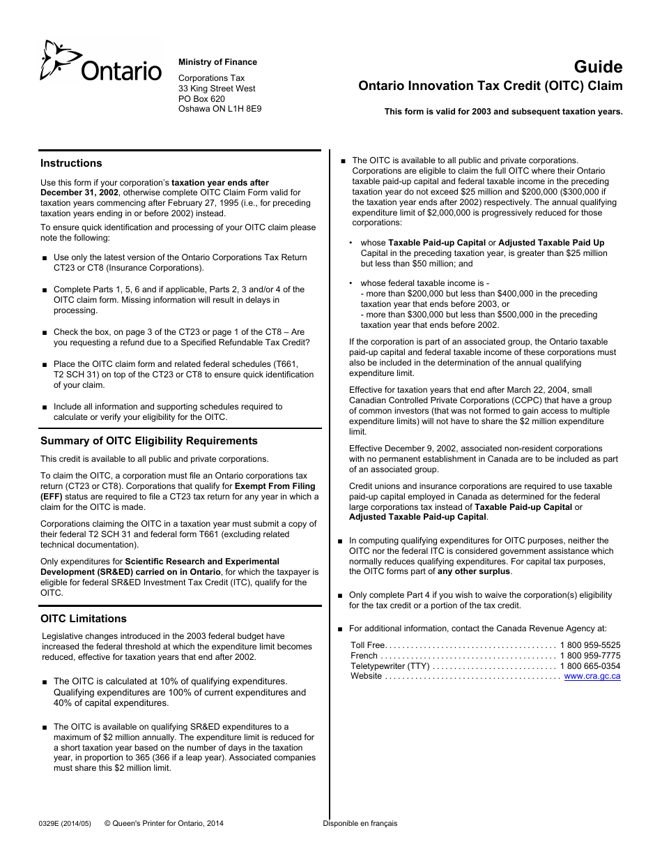 Form 0329E Ontario Innovation Tax Credit (Oitc) Claim - Ontario, Canada, Page 1