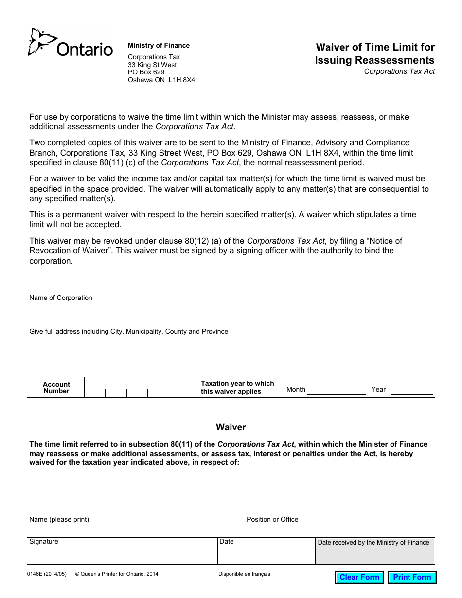 Form 0146E Waiver of Time Limit for Issuing Reassessments - Ontario, Canada, Page 1