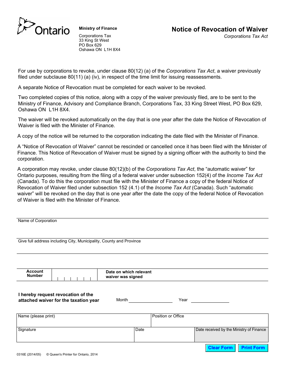 Form 0316E Notice of Revocation of Waiver - Ontario, Canada, Page 1