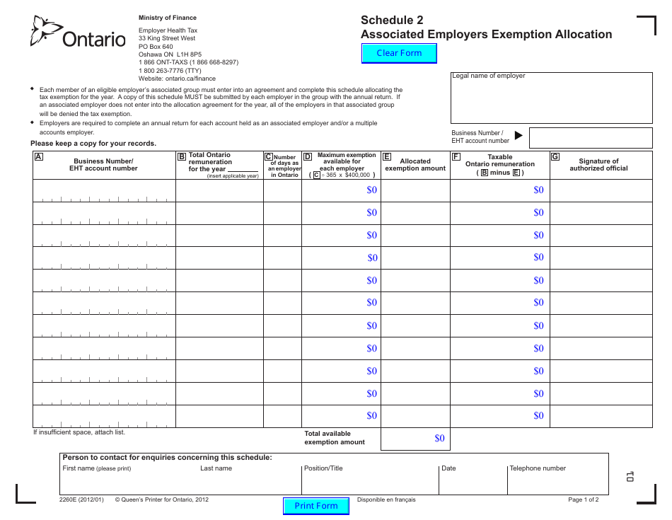 Form 2260E Schedule 2 Associated Employers Exemption Allocation - Ontario, Canada, Page 1