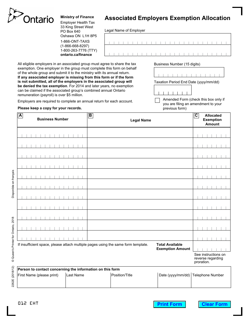 Form 2262E Associated Employers Exemption Allocation - Ontario, Canada, Page 1