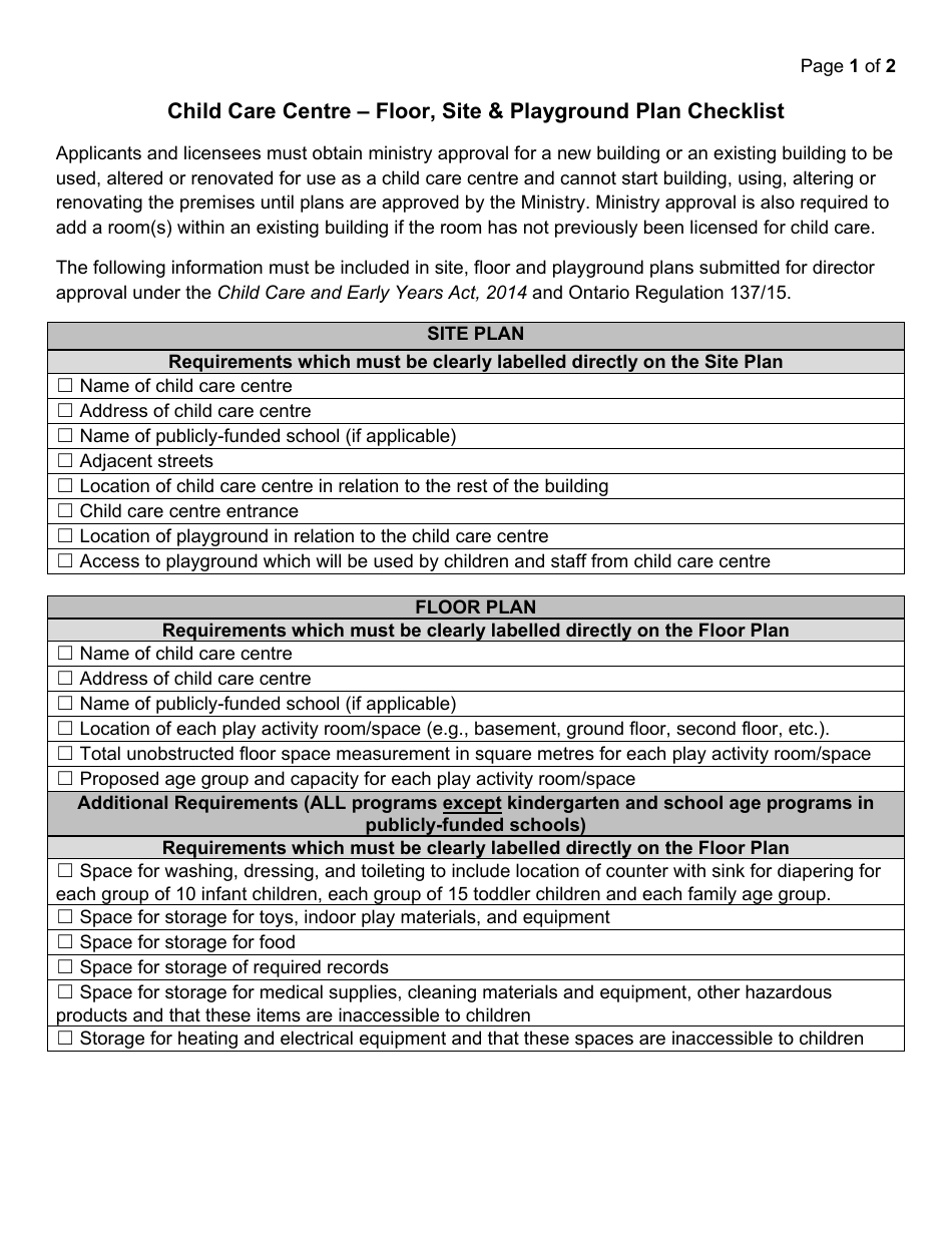 Child Care Centre - Floor, Site  Playground Plan Checklist - Ontario, Canada, Page 1