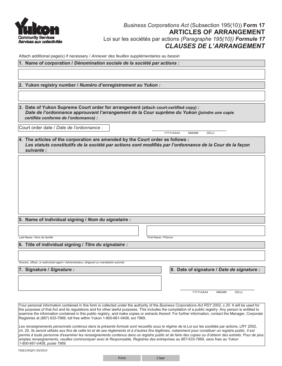 Form 17 (YG6134) Articles of Arrangement - Yukon, Canada (English / French), Page 1