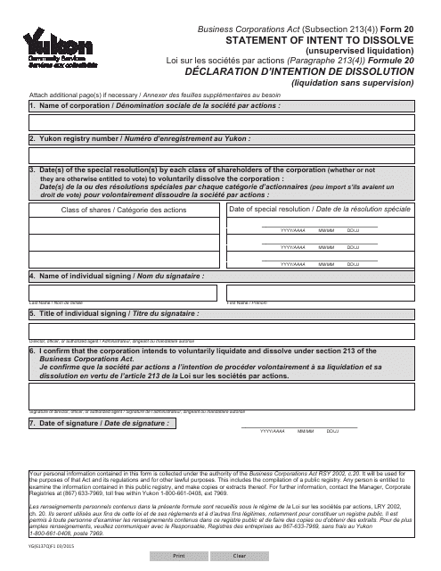 Form 20 (YG6137) Statement of Intent to Dissolve (Unsupervised Liquidation) - Yukon, Canada (English/French)