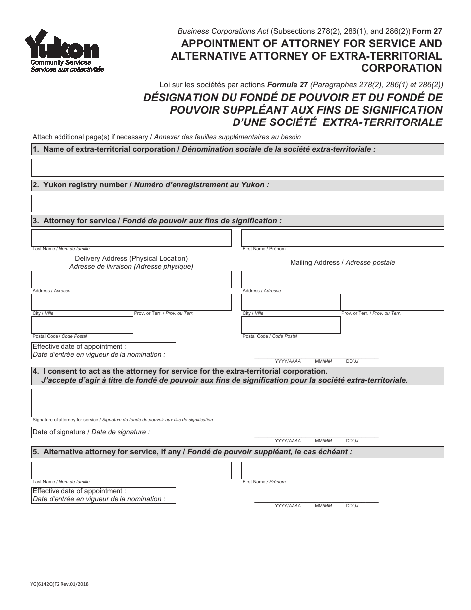 Form 27 (YG6142) Appointment of Attorney for Service and Alternative Attorney of Extra-territorial Corporation - Yukon, Canada (English / French), Page 1