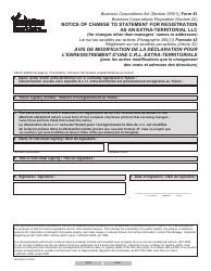 Form 43 (YG6153) &quot;Notice of Change to Statement for Registration as an Extra-territorial Llc&quot; - Yukon, Canada (English/French)