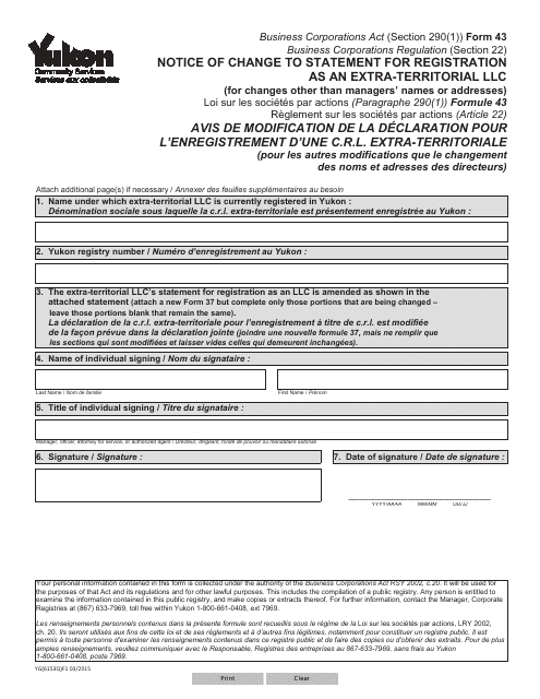 Form 43 (YG6153) Notice of Change to Statement for Registration as an Extra-territorial Llc - Yukon, Canada (English/French)