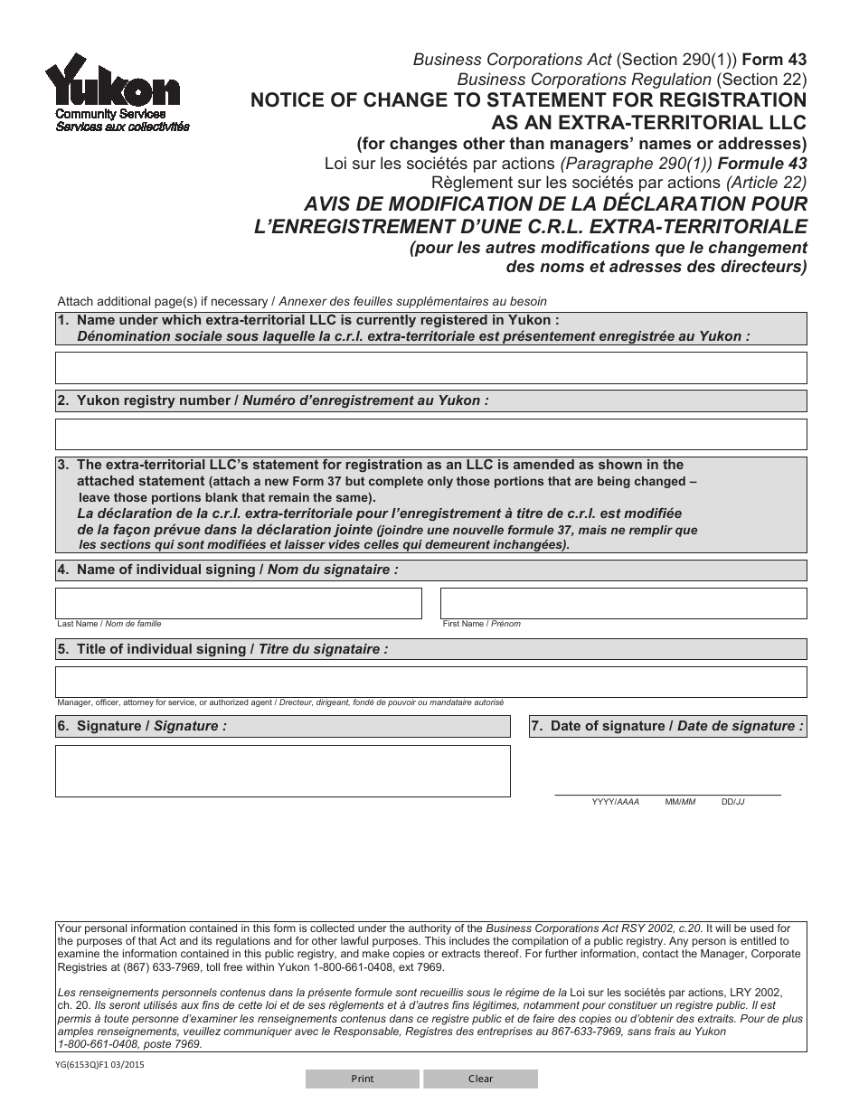 Form 43 (YG6153) Notice of Change to Statement for Registration as an Extra-territorial Llc - Yukon, Canada (English / French), Page 1