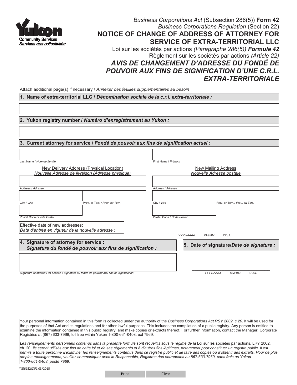 Form 42 (YG6152) Notice of Change of Addresses of Attorney for Service of Extra-territorial Llc - Yukon, Canada (English / French), Page 1