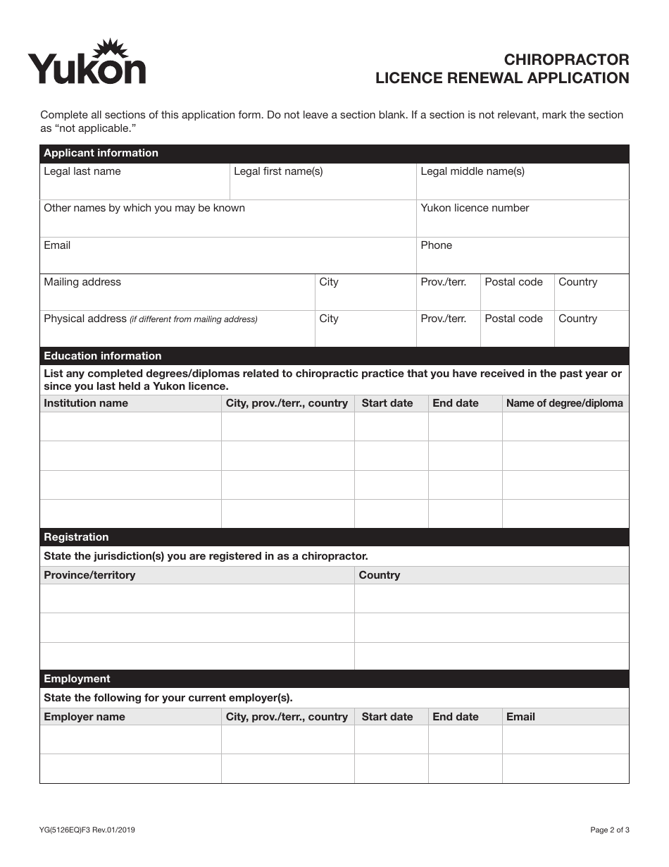 Form YG5126 Chiropractor Licence Renewal Application - Yukon, Canada, Page 3