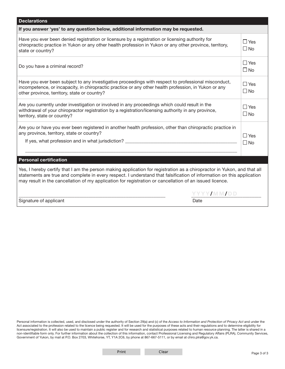 Form YG5126 Chiropractor Licence Renewal Application - Yukon, Canada, Page 4