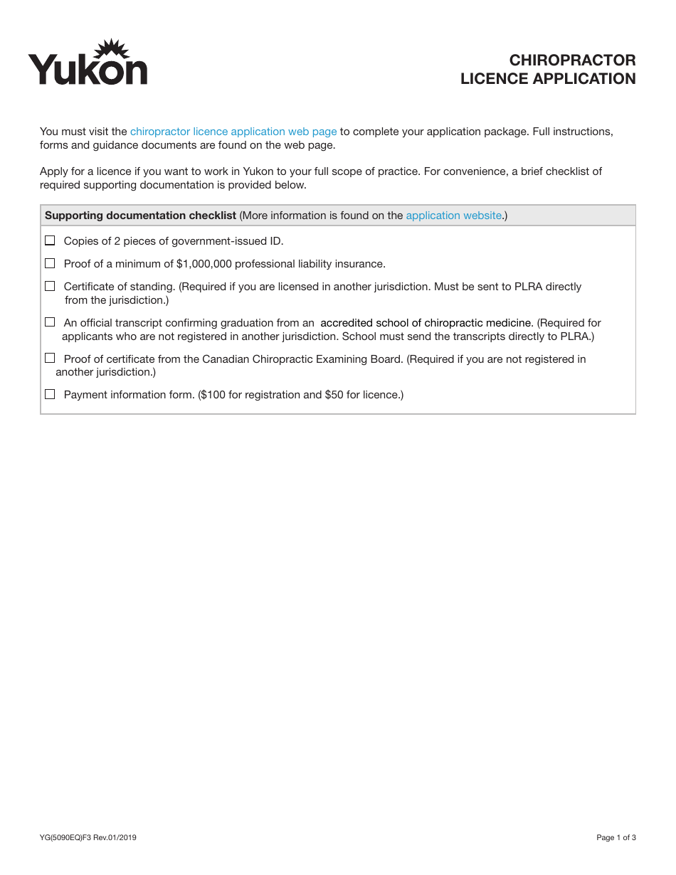 Form YG5090 Chiropractor Licence Application - Yukon, Canada, Page 1