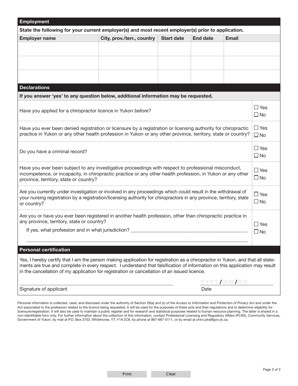 Form YG5090 Chiropractor Licence Application - Yukon, Canada, Page 4