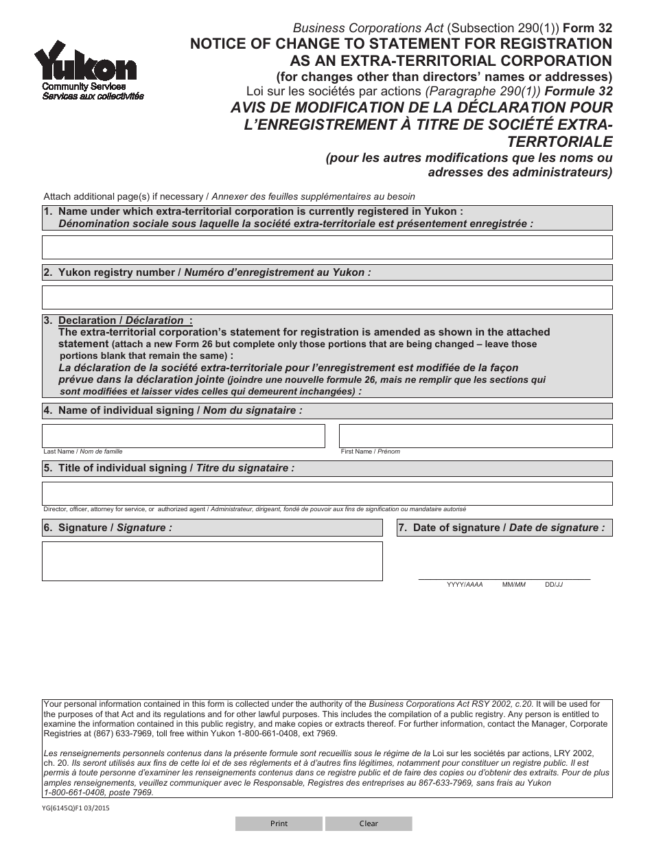 Form 32 (YG6145) Notice of Change to Statement for Registration as an Extra-territorial Corporation (For Changes Other Than Directors Names or Addresses) - Yukon, Canada (English / French), Page 1