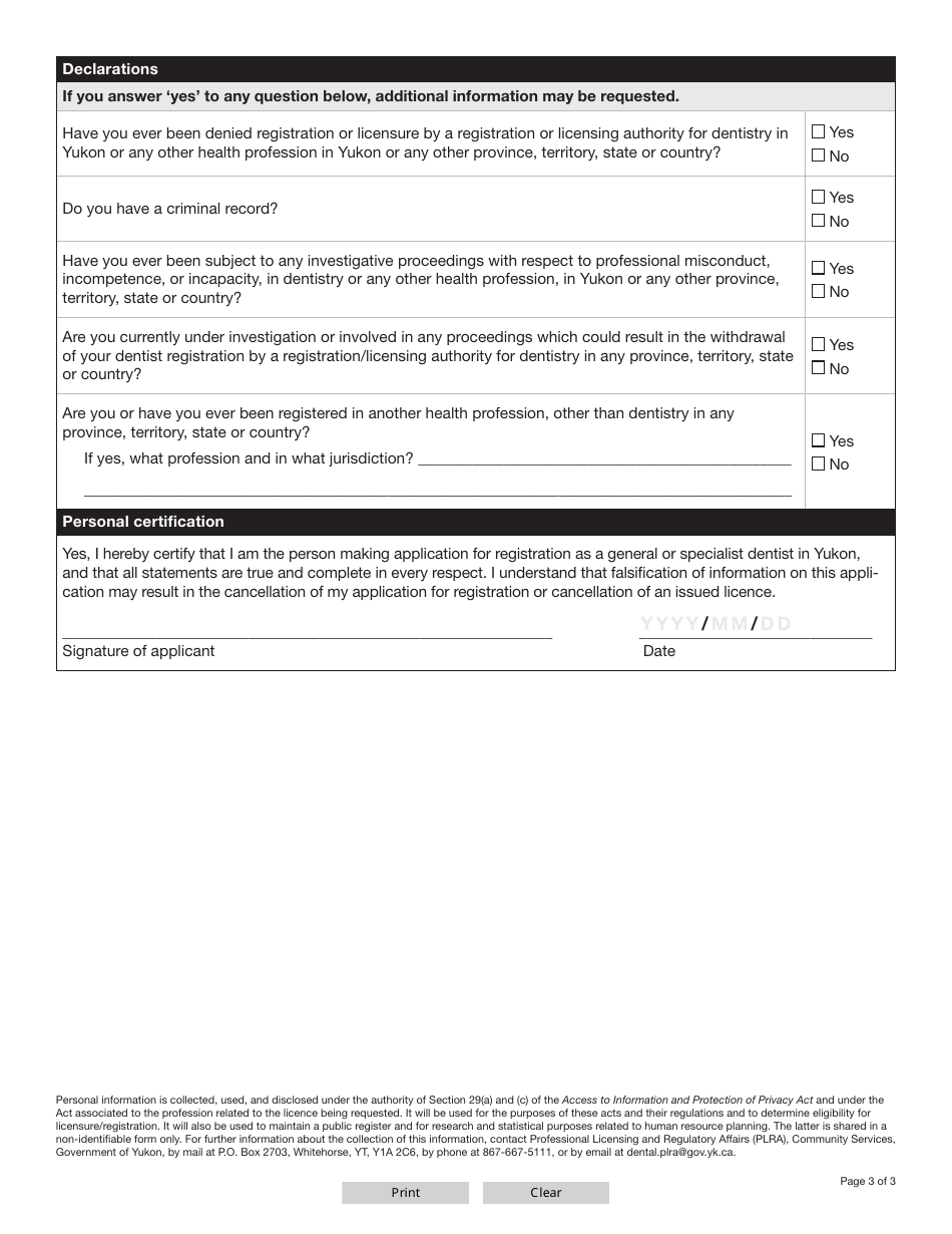 Form YG5056 General and Specialist Dentist Licence Renewal Application - Yukon, Canada, Page 4