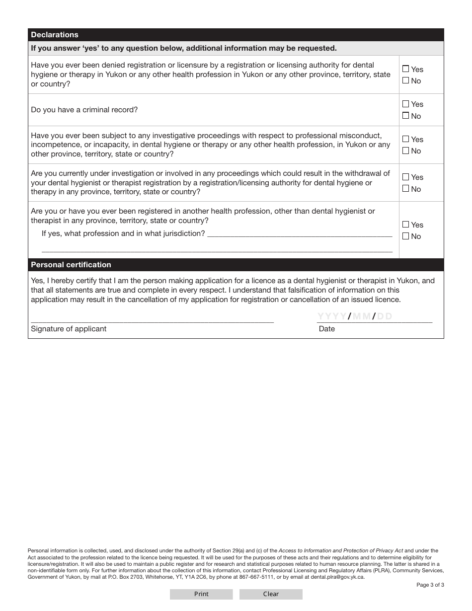 Form YG5058 Dental Hygienist or Therapist Licence Renewal Application - Yukon, Canada, Page 4