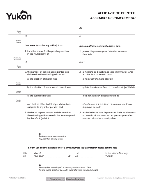 Form YG3630 Affidavit of Printer - Yukon, Canada (English/French)