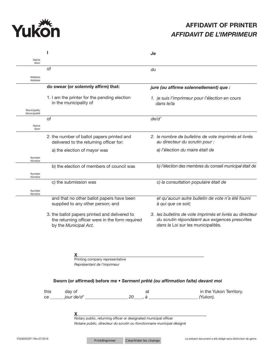 Form YG3630 Affidavit of Printer - Yukon, Canada (English / French), Page 1