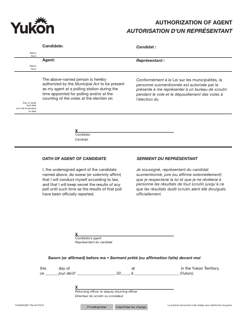 Form YG3634 Authorization of Agent - Yukon, Canada (English/French)