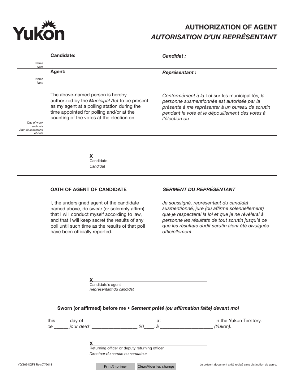 Form YG3634 Authorization of Agent - Yukon, Canada (English / French), Page 1