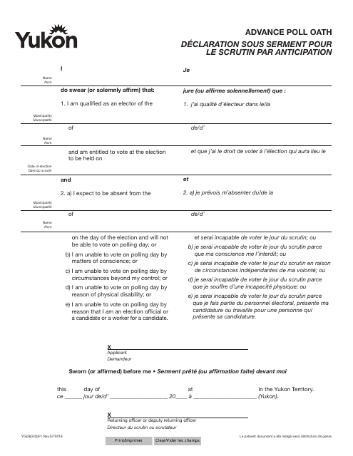 Form YG3633 Advance Poll Oath - Yukon, Canada (English/French)