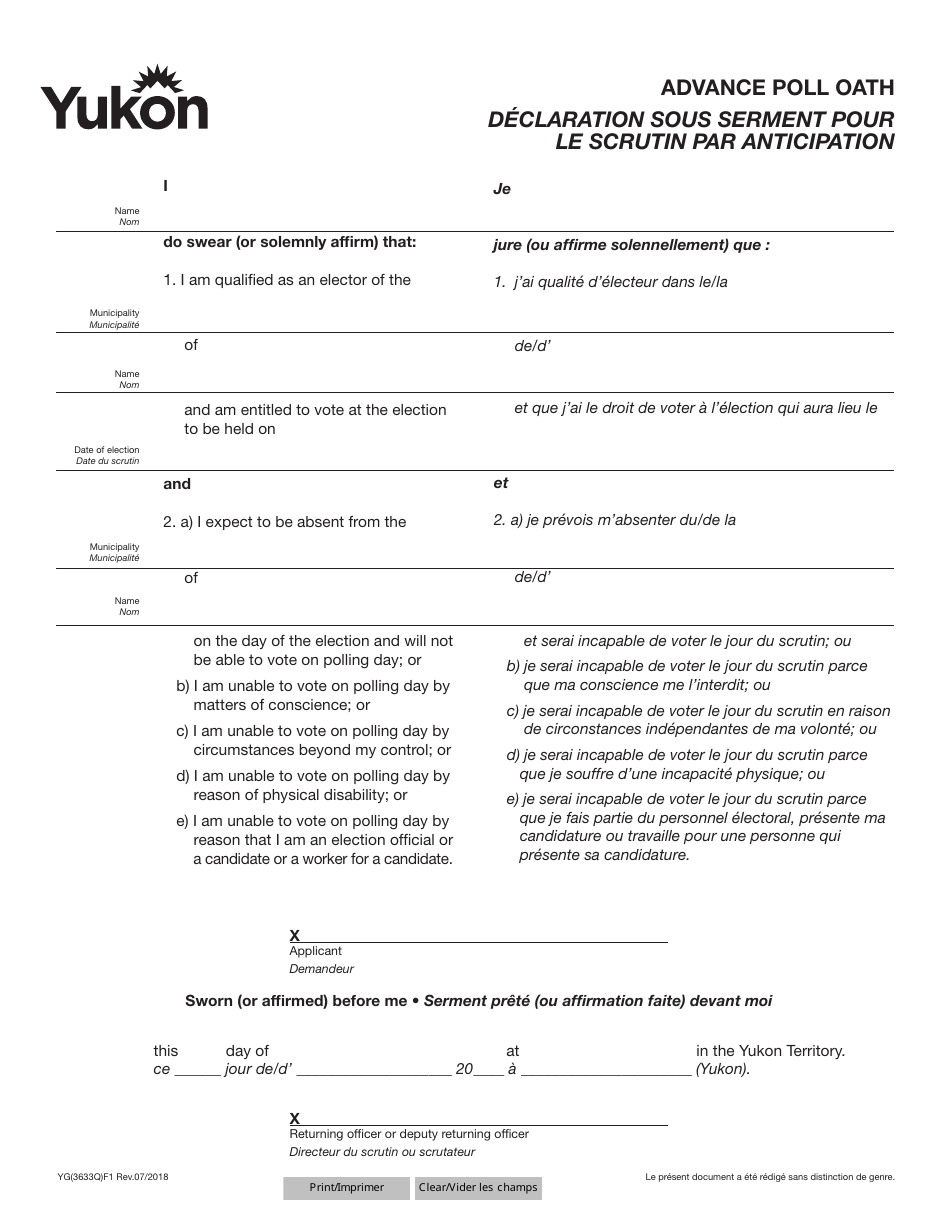 Form YG3633 Advance Poll Oath - Yukon, Canada (English / French), Page 1