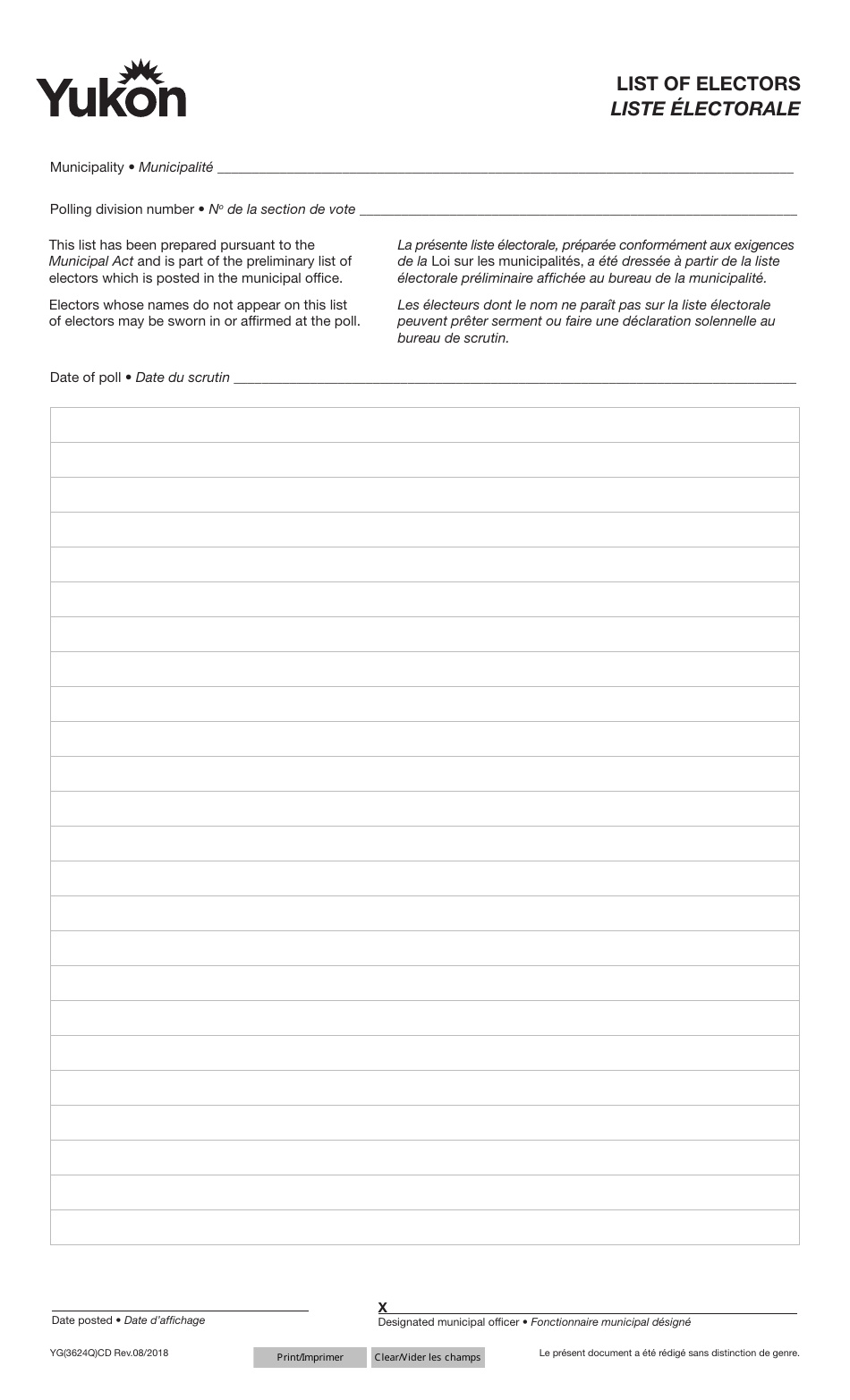 Form YG3624 List of Electors - Yukon, Canada (English / French), Page 1