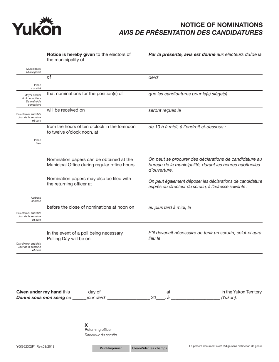 Form YG3623 Notice of Nominations - Yukon, Canada (English / French), Page 1